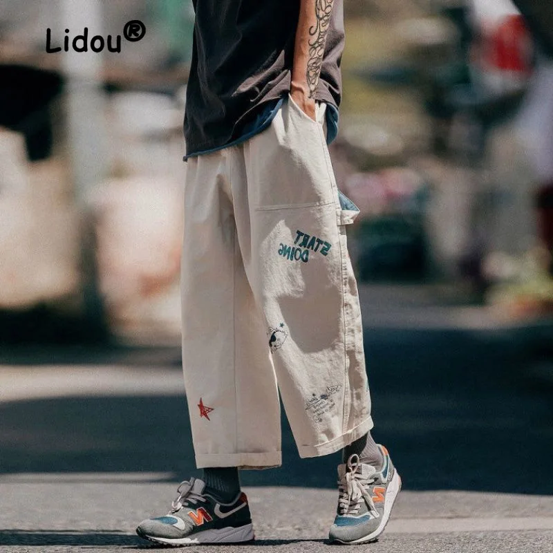 Fashion Fresh Printing Pocket Men's Cargo Pants Waist Drawstring Straight Cylinder Street Casual Hip Hop Handsome Male Trousers