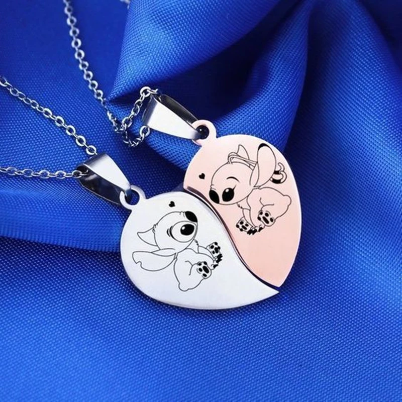 Disney Hearts Necklace for Women Stitch Necklaces Female Pendant Trend Neck Silver Color Fashion Couples Gift Stainless Steel