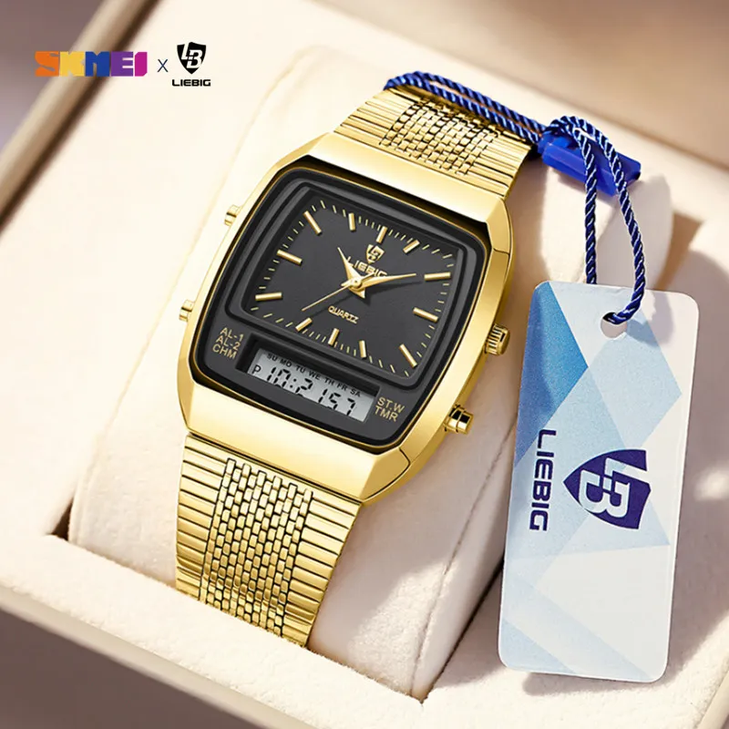 New Fashion Casual Watch Men Digital Dual Time Week Gold Sport 3bar Waterproof Quartz Wristwatches Clock relogio masculino L1030