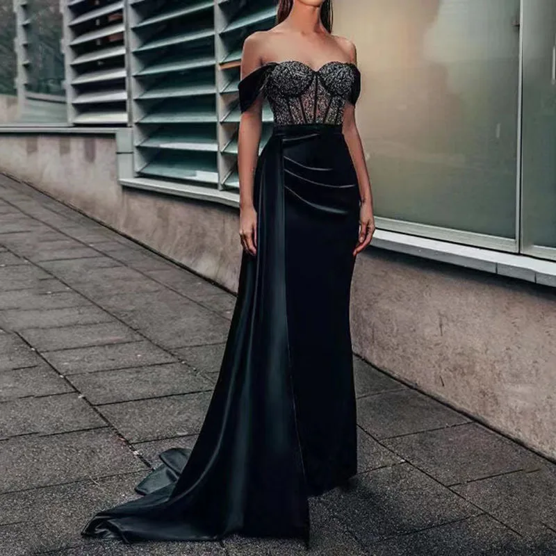 Main Sexy Backless Evening Party Dress for Women Black Lace Chest Wrapping Off the Shoulder Split Mermaid Prom Gown Maxi Dresses 2023 image