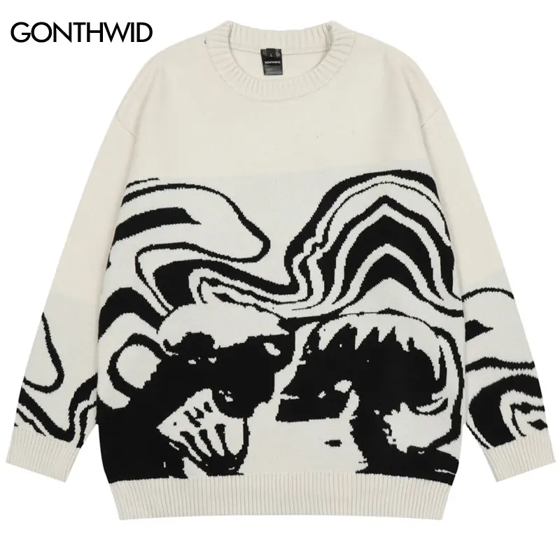 GONTHWID 2024 Men Streetwear Sweater Retro Painting Skull Graphic Hip Hop Knitted Vintage Pullover Casual Wool Sweater Hipster