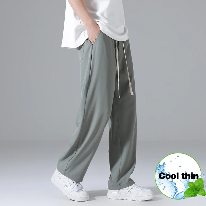 Summer Ultra-thin Men's Casual Pants Quick-drying Cool Baggy Straight Trousers Comfortable Elastic Waist Fashion Ice Silk Pants