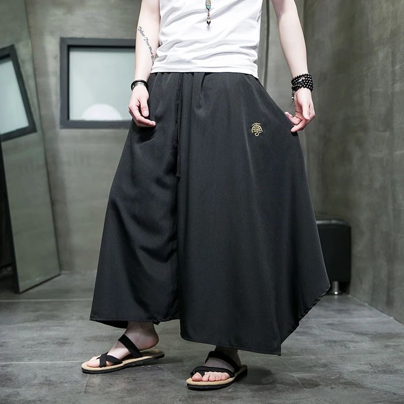 2023 Chinese Style Men Harajuku Streetwear Elastic Waist Pants Fashion Wide Leg Kimono Pants Male Balck Skirt Trousers Women 5XL