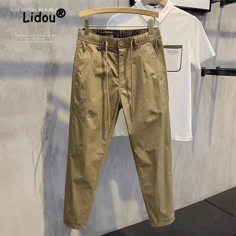 Summer Ventilate Solid Color Pocket Men's Cargo Pants Classic Waist Drawstring Button Korean Street Casual All-match Trousers