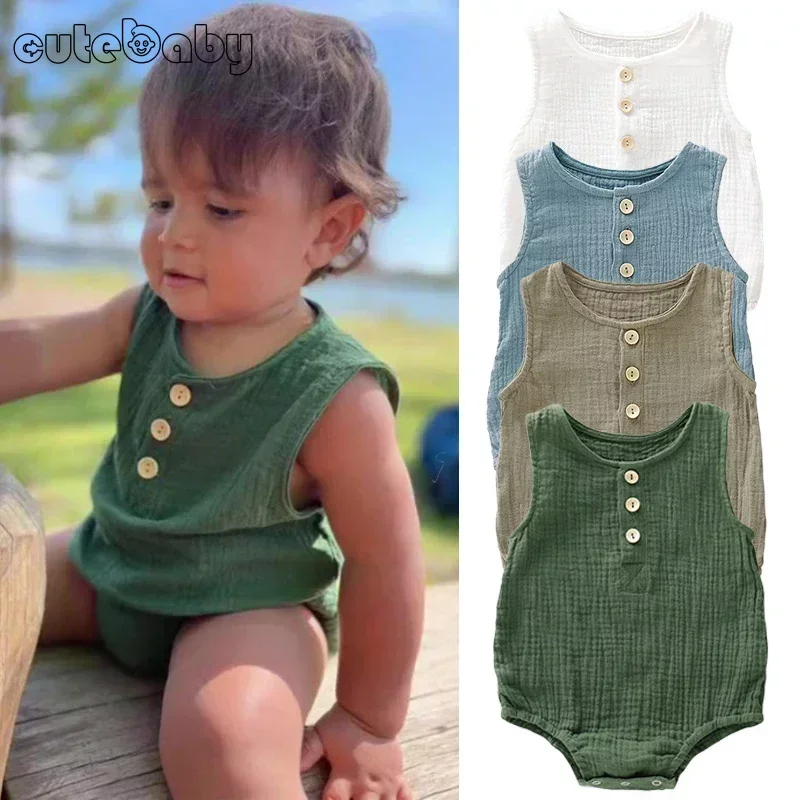 New Baby Boys Girls Rompers Summer Infant Muslin Sleeveless Jumpsuits Newborn Rompers Solid Cotton Baby Clothing 0-2 Years old