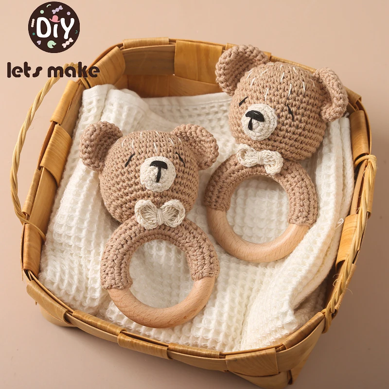 1Pc Baby Wooden Rattle Toys Wooden Teether Ring Crochet Rabbit Music Rattles Soother Bracelet Toddler Toys For Children's Gift