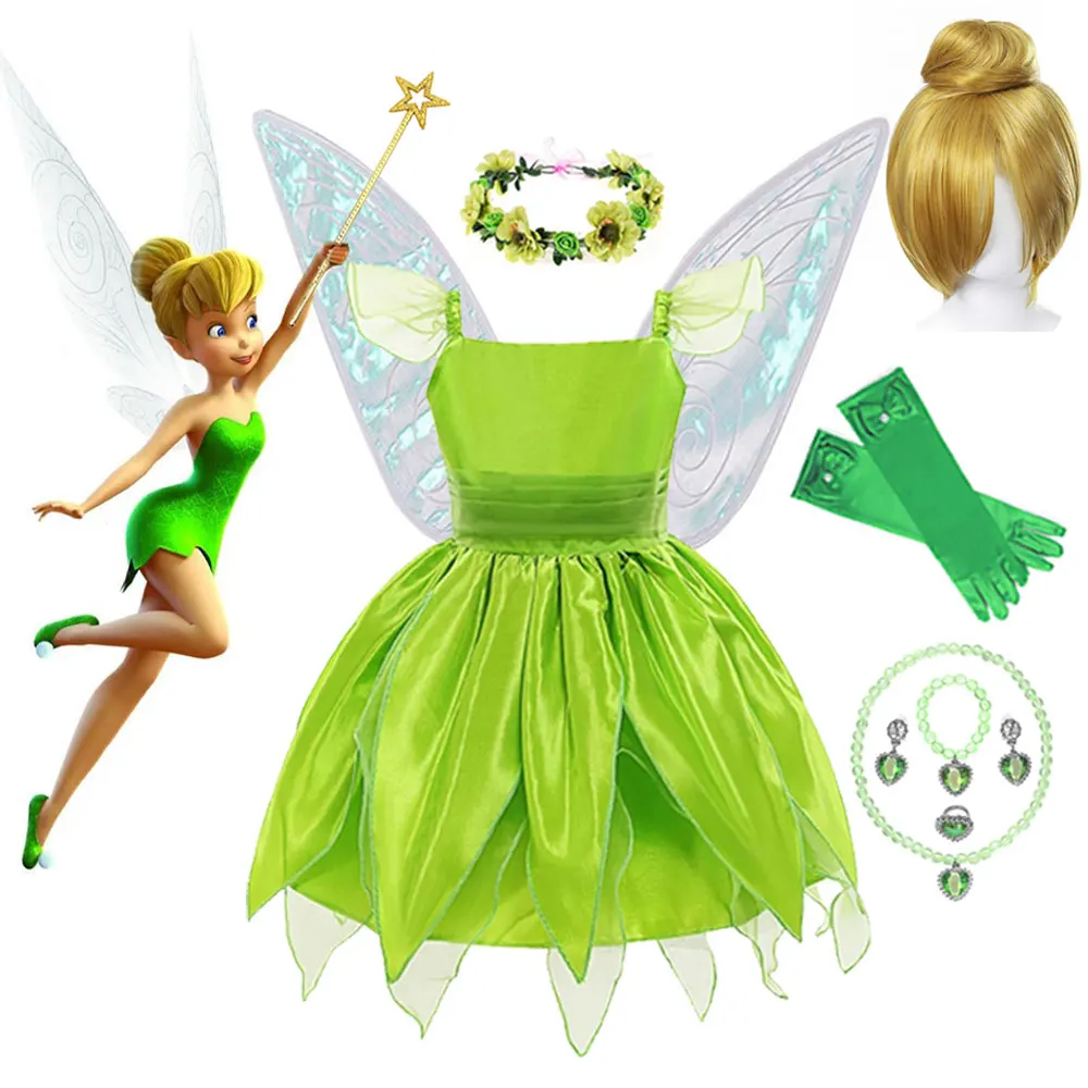 Christmas Fairy Tiana Costume for Girls Tinker Bell Princess Dress Elf Wings Headband Wand Toddler Fancy Birthday Party Gowns