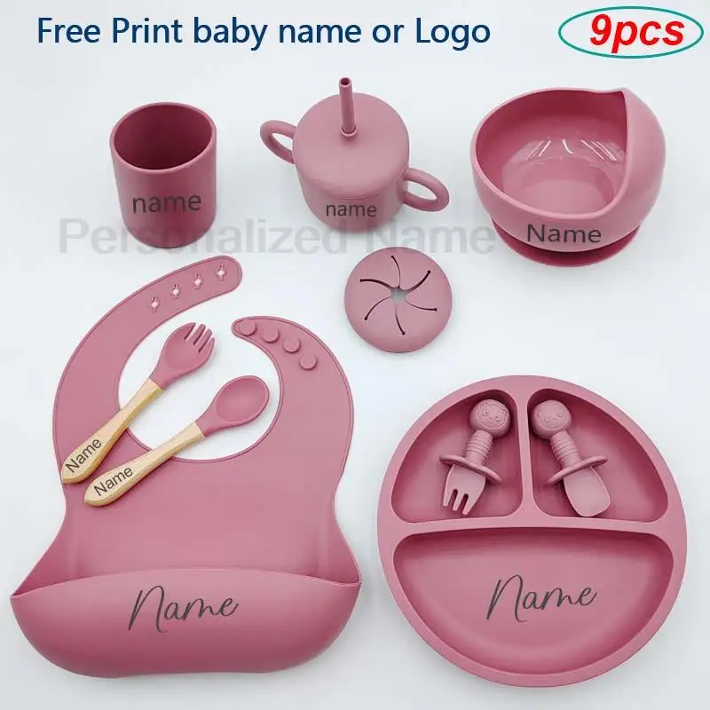 9Pcs Baby Silicone Feeding Sets Suction Cup Bowl Dishes Kids Spoon Fork Feeding Snack Cup Personalized Name Baby's Tableware