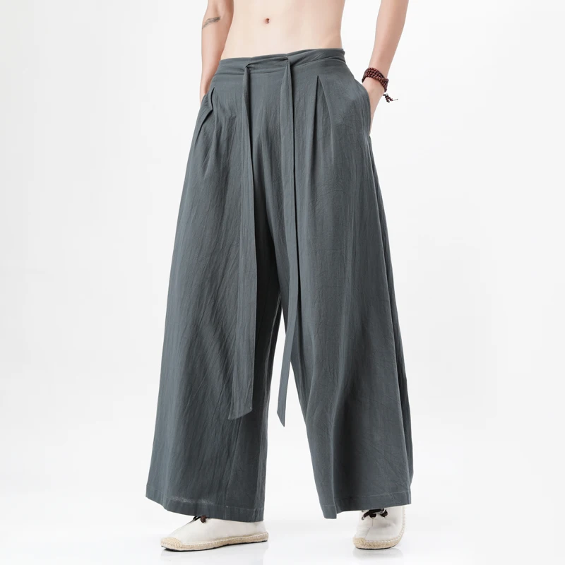 2023 Chinese Style Harajuku Linen Cotton Linen Pants Man Japanese Kimono Pants Male Streetwear Summer Retro Wide-Leg Trousers