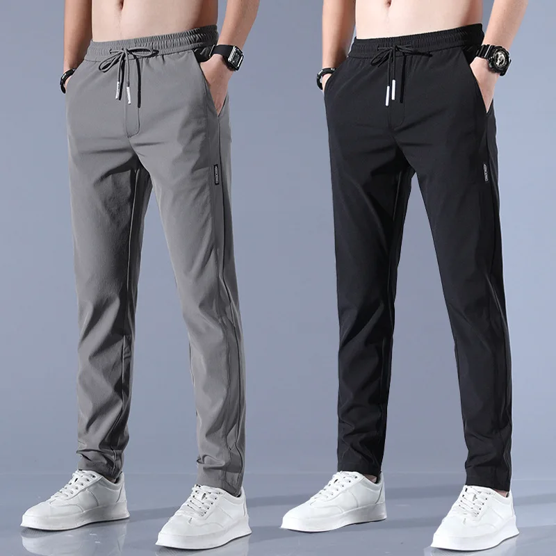 Men's Ice Silk Trousers Solid Color Mid-Waist Loose Breathable Straight-Leg Casual Pants Thin Quick-Drying Sports Pants