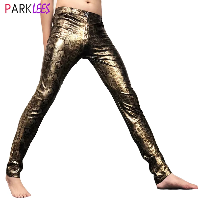 Sexy Gold Snake Metallic Stretch Leather Pants Men 2023 Fashion New Nightclub PU Trousers Mens Party Prom Stage Singer Clothing