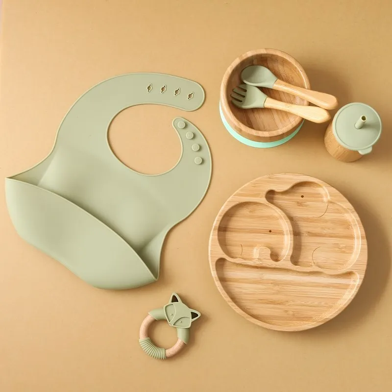 Wooden Dinner Plate Feeding Supplies Bamboo Baby Tableware Silicone Suction Plate Bowl BPA Free Baby Stuff Newborn Accessories