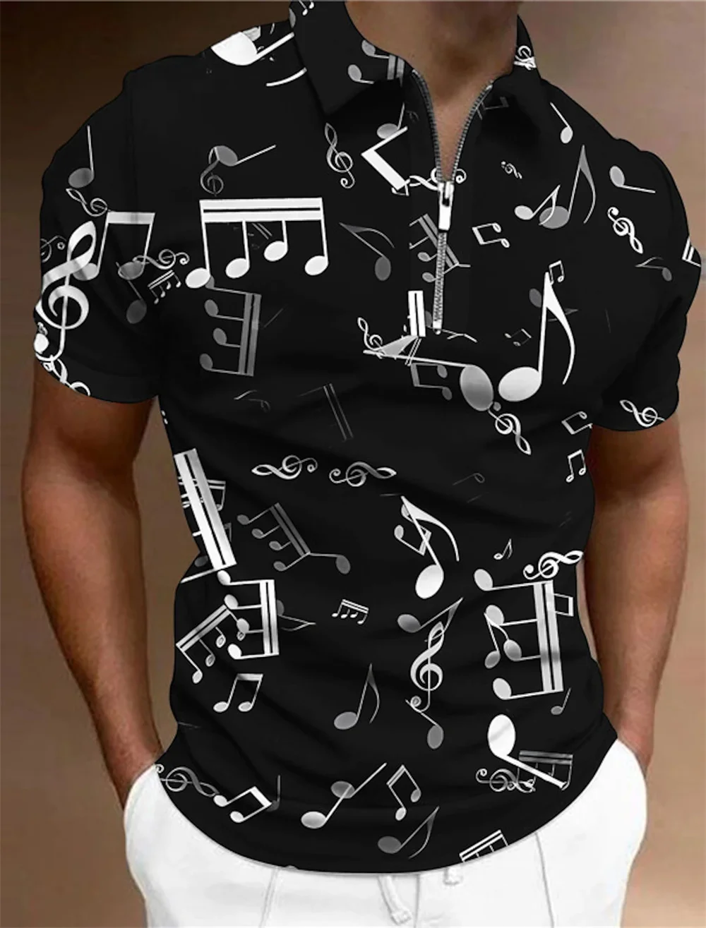 Men T-Shirt Zip Polo Men's Tops Golf Graphic Prints Music Notes Light Short Sleeves Zipper Print Clothing Apparel Fashion Casual