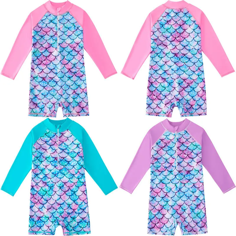 Children's Swimsuits 2023 Summer Girls Long Sleeves Mermaid Fish Scale One-piece Swimsuit 4-12Years Kids Sun-proof Surf Suits