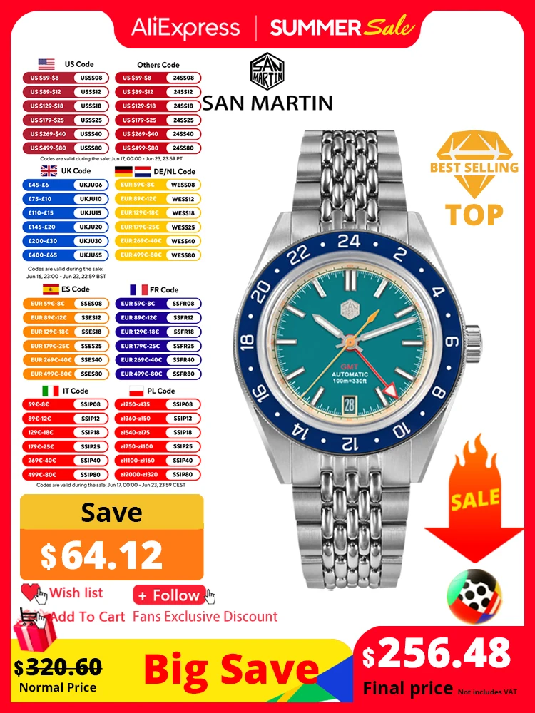 San Martin Original Design Fashion GMT 39.5mm Men Sports Watch Japan NH34 Automatic Mechanical Waterproof 100m SN0116 Reloj