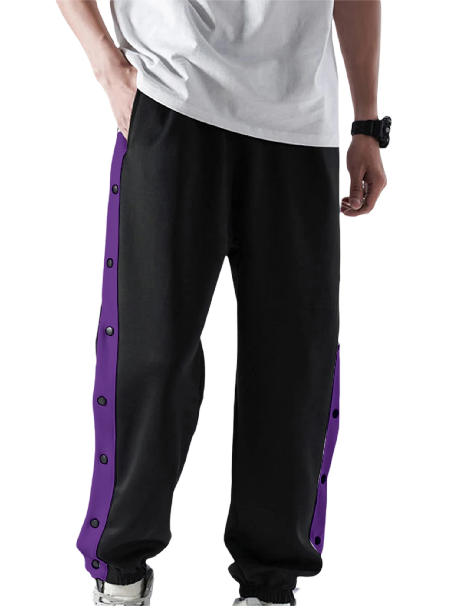 Men‘s Tear Away Basketball Pants High Split Snap Button Casual Loose Fit Active Workout Sweatpants with Pocket Purple Small