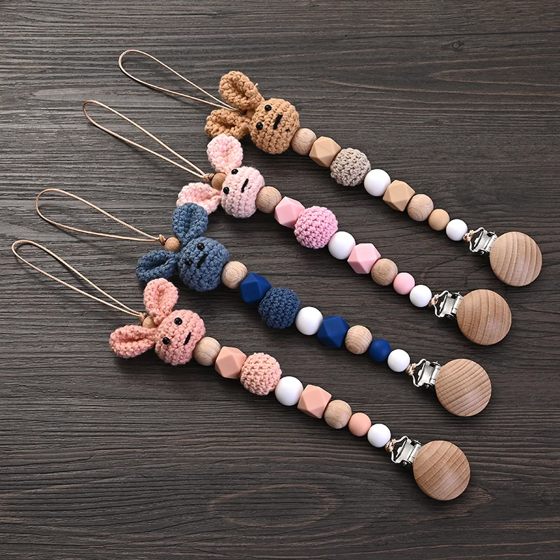 Baby Wooden Pacifier Clip Wood Crochet Rabbit Teething Soother Chain For BPA Free  Nursing Chew Toy Baby Dummy Holder Chain