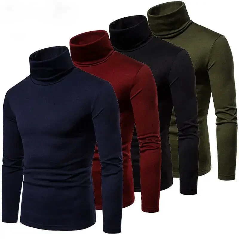 Fashion Men's Casual Slim Fit Basic Turtleneck Knitted Sweater High Collar Pullover Male Double Collar Autumn  Winter Tops