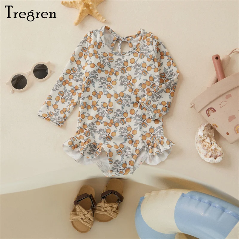 Tregren Kids Girl Summer Swimsuit Floral Print Long Sleeve Ruffle Jumpsuit Swimwear Bathers Bathing Suit Swimming Pool Beachwear