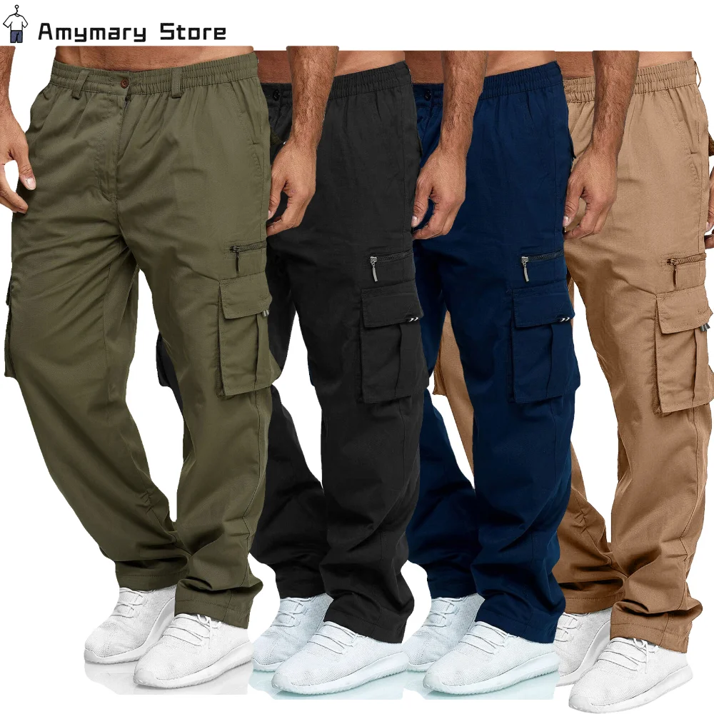 Summer Men's Cargo Trousers Elastic Waist Multi-pocket Casual Combat Work Pants Outdoor Fitness Sports Long Pants S-4XL