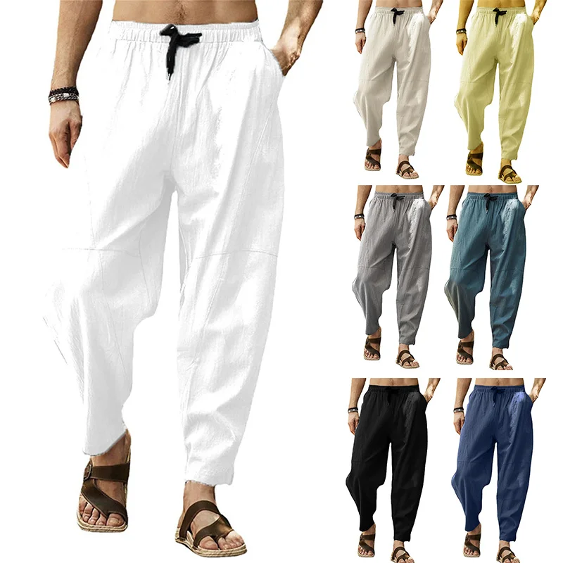 Cotton Linen Harem Pants Men Solid Elastic Waist Streetwear Joggers 2023 New Baggy Drop-crotch Pants Casual Trousers Men