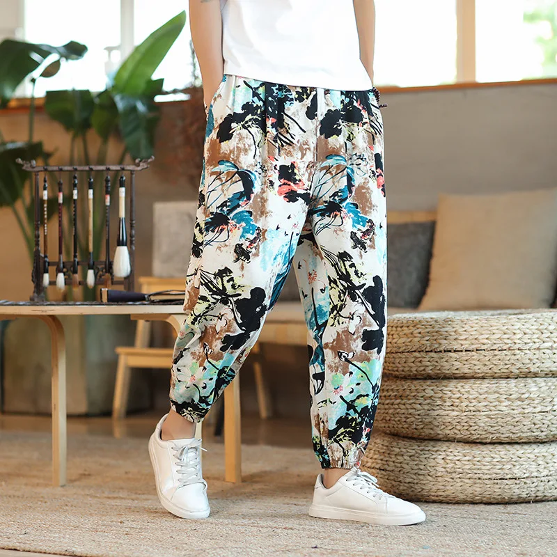 Men Printed Harem Pants 2023 New Cotton Linen Drawstring Trousers Streetwear Hip Hop Fitting Jogging Loose Casual Wide Leg Pants