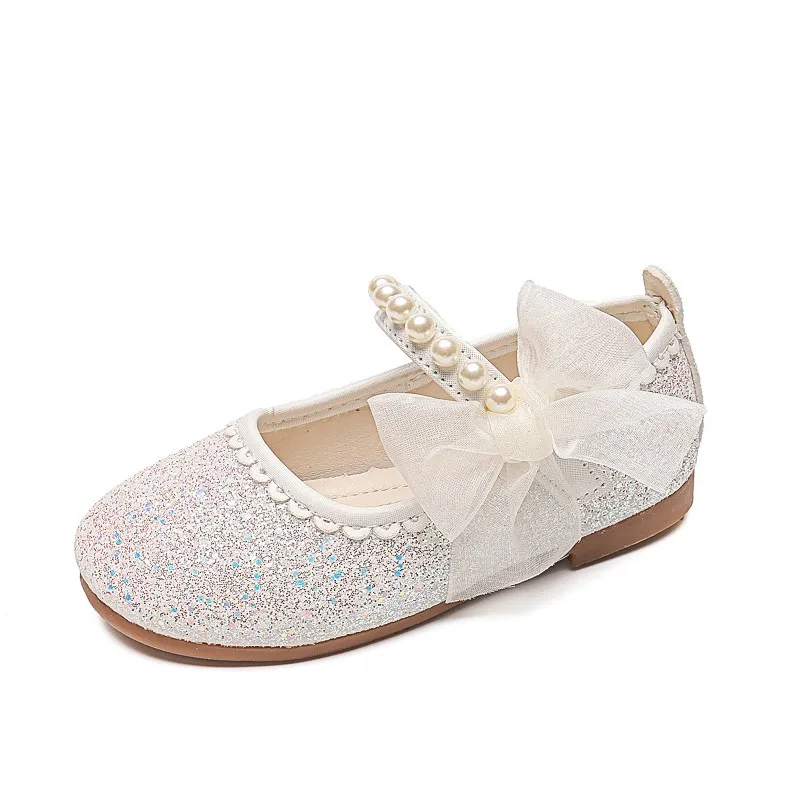 Children Fashion Girls Mary Janes for Party Wedding Shows 2023 Side Bow Pearls Elegant Princess Shoes Chic Kids Shoes Non-slip