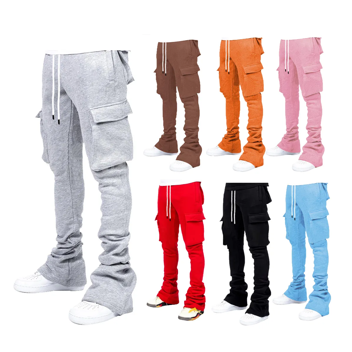 Main Plus Size Cargo Pants New Design Custom Flare Sweat Pants Street Wear Men Pile Up Stacked Pants for Men image