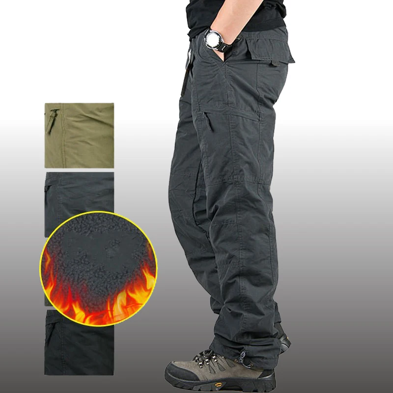 Men's Winter Thick Warm Military Cargo Pants Double Layer Fleece Overalls Casual Cotton Rip-Stop Tactical Baggy Thermal Trousers