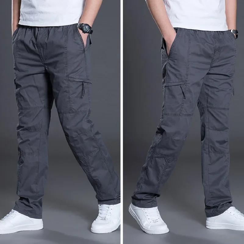 Big Size Men's Cargo Trousers Straight Leg Work Pant Men Loose Fit Cotton Summer Wide Overalls Male Side Multi Pocket Large Size