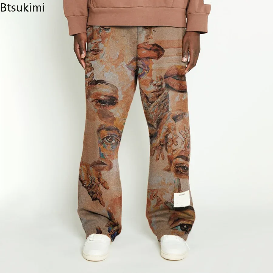 2024 Men's High Street Loose Wide Leg Pants Trendy Printed European Mid-waist Man Trousers Brown Hiphop Pants Male Casual Pants