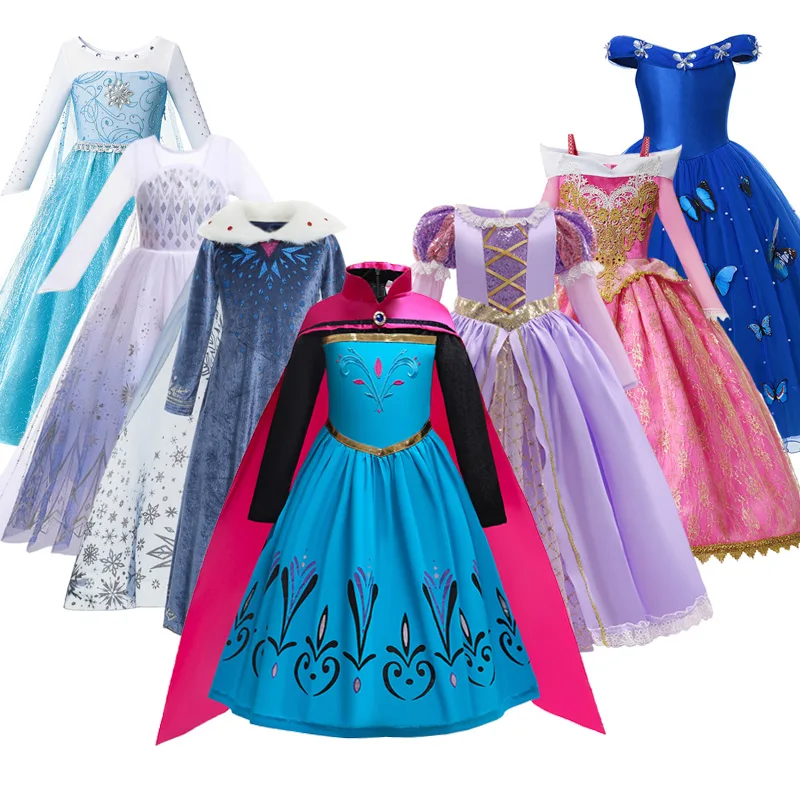 Disney Princess Dress for Girl Elsa Anna Rapunzel Costume Kid Birthday Party Clothes Carnival Cosplay Frozen1/2 Cinderella