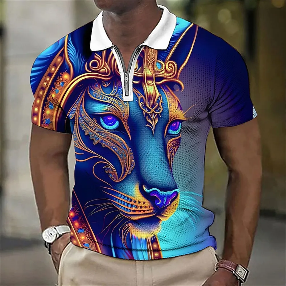 Colorful Animal Polo Shirt For Men Summer Golf Short Sleeve Top Fierce Beast Print Zipper Polo T-Shirt Street Trend Men Clothing