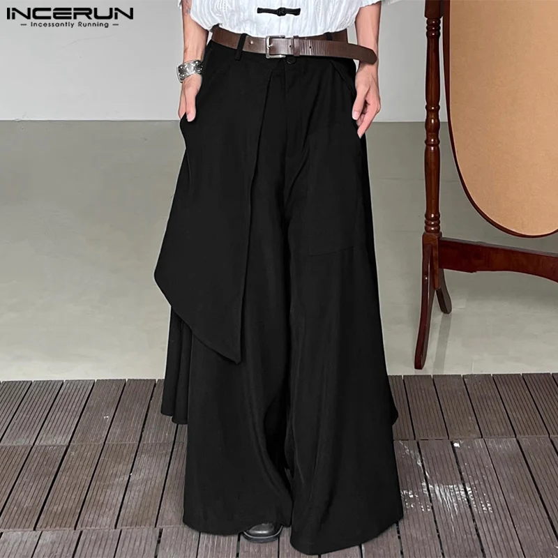 Fashion Men Wide Leg Pants Solid Loose Button Joggers Irregular Trousers Men Streetwear 2023 Oversize Skirts Pants S-5XL INCERUN