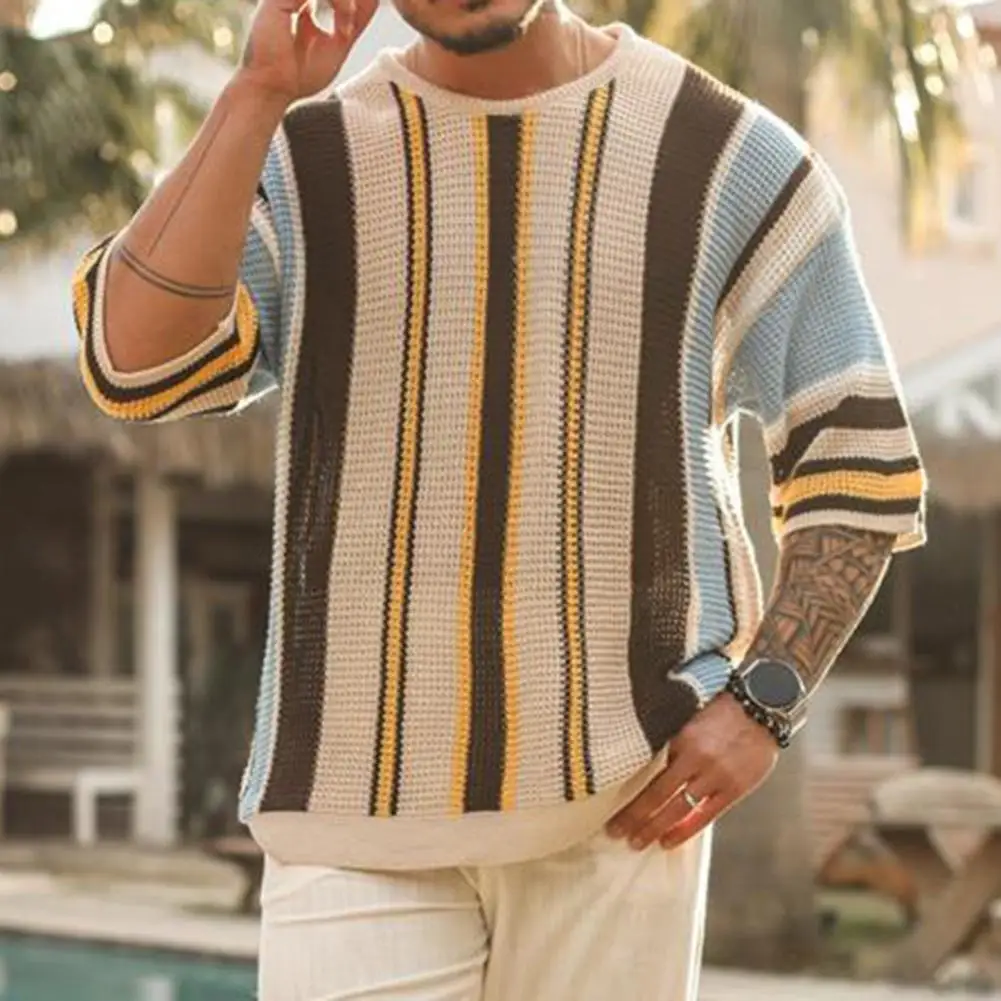 Casual Sweater Loose Fit Sweater Stylish Men's Striped Print Knitted Sweater Loose Fit Half Sleeve Elastic for Summer