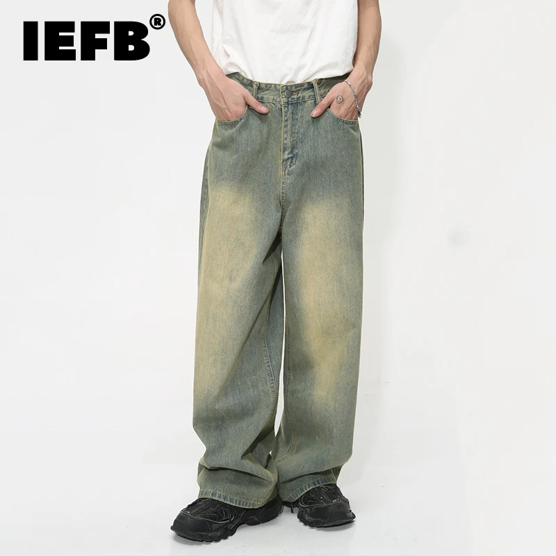 IEFB Vintage Gradient Baggy Jean Trousers Trend Men's Fashion Distressed Y2k Style Personality Wide Leg Casual Denim Pant 9C1149