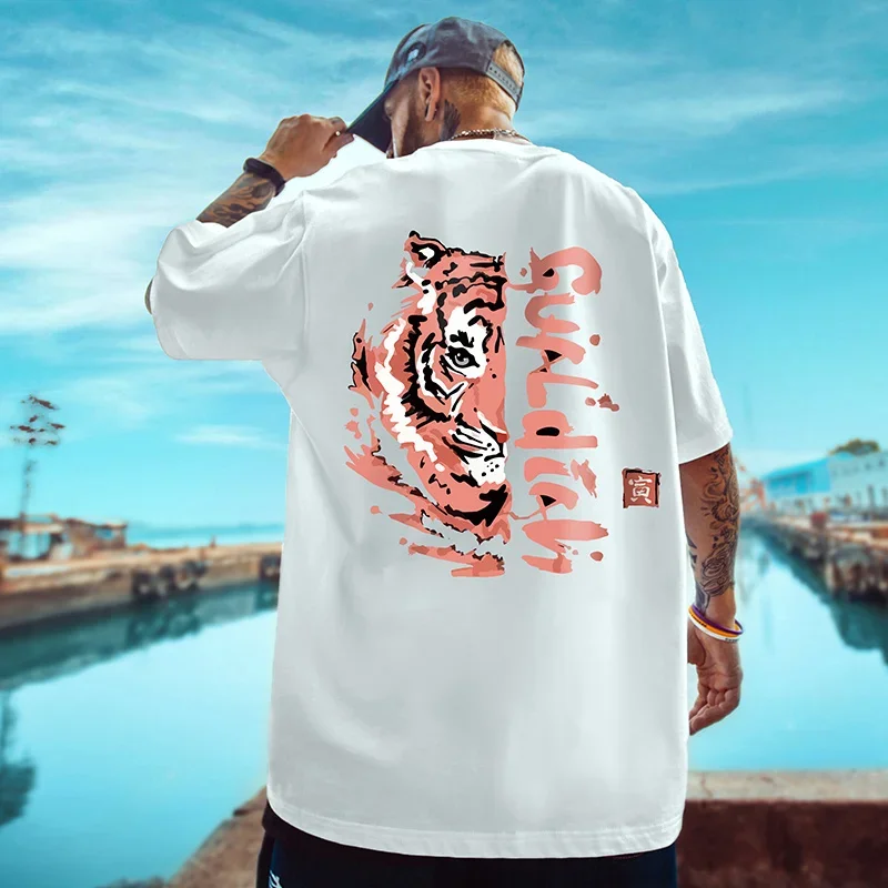 Summer Short Sleeve Men Cotton Graphic T Shirts  Hip Hop Funny Tiger Print T-Shirts Homme Oversized Y2K Streetwear Tee Tops