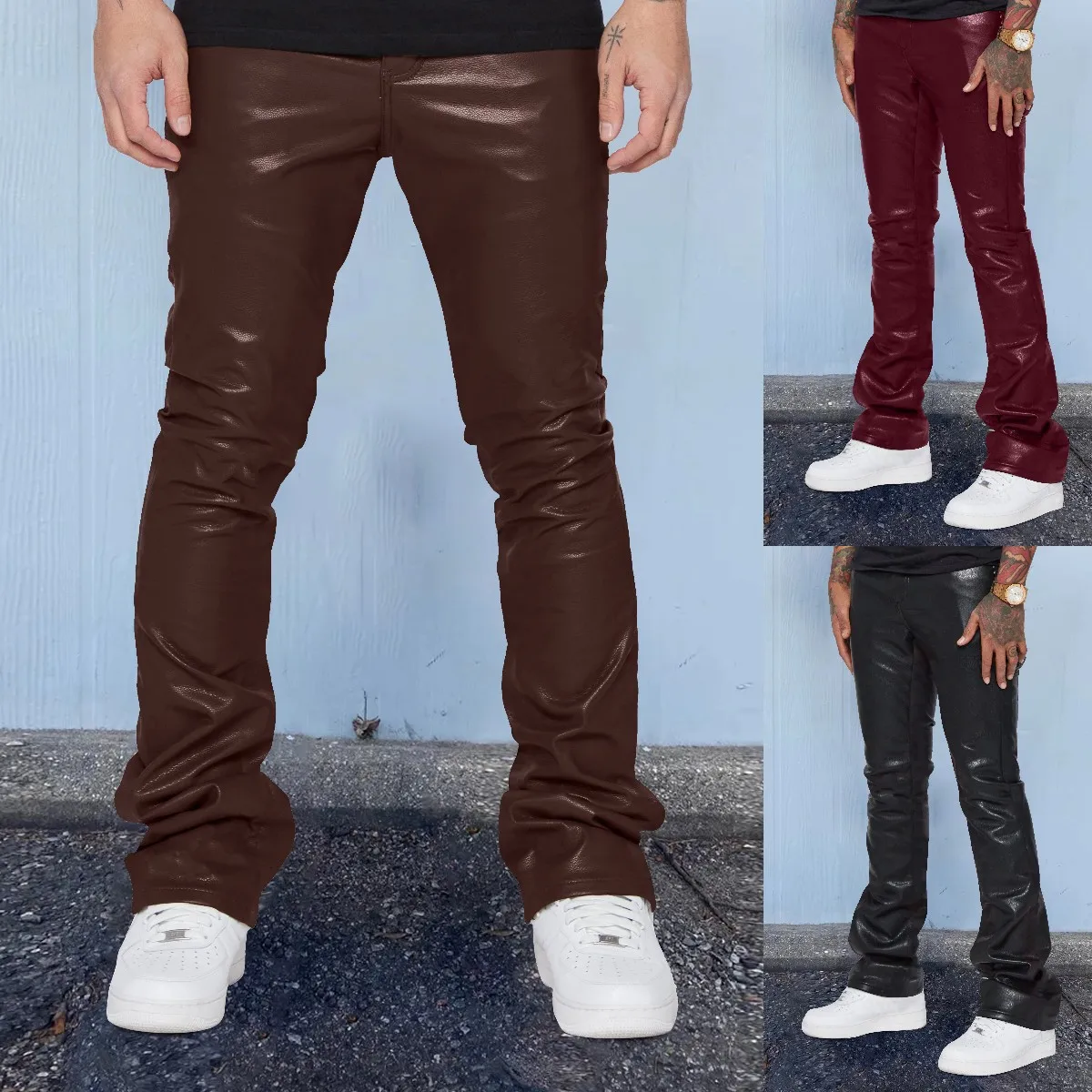 Mens Leather Pants Autumn New Casual Street Fashion Solid Color Bell Bottoms Joker Casual Pants Men