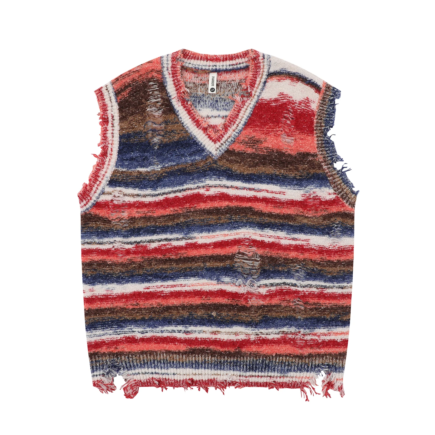 Vintage Gradient Stripe Baggy Knitted Sweater Y2k Vest Washed Ripped Knitwears Tank Top Tie Dyeing V-Neck Sleeveless Pullovers