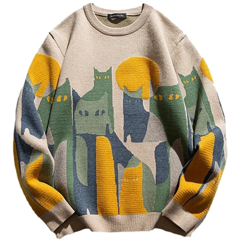 2023 Autumn Harajuku Knitted Sweater Men Women Winter Cartoon Full Cat Print Pullover Vintage Causal Loose Sweaters Streetwear