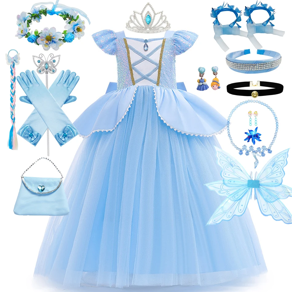 Princess Fancy Cinderella Dress Up Halloween Costume Pumpkin Car Birthday Party Outfit with Gloves Garland for Girls 2-10T