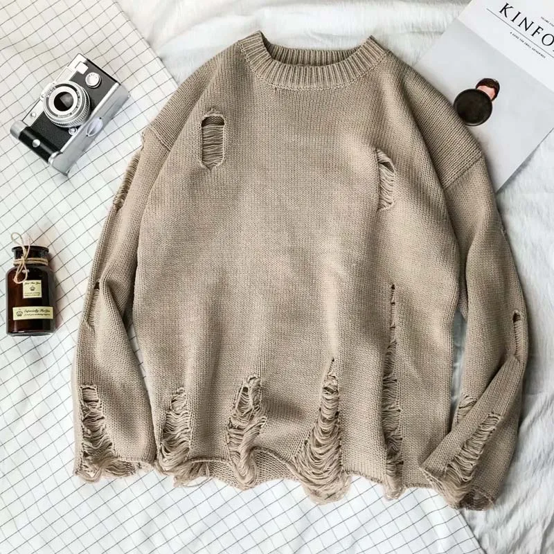 American Lazy Streetwear Men Wind O-neck Knitted Ripped Sweater Retro Couple Loose Pullovers Men Knitwear Hole Sweaters E91