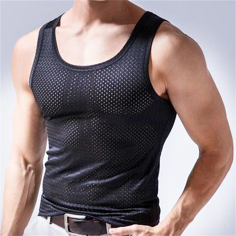 Main Men Tops Ice Silk Vest Outer Wear Quick-Drying Mesh Hole Breathable Sleeveless T-Shirts Summer Cool Vest Beach Travel Tanks image