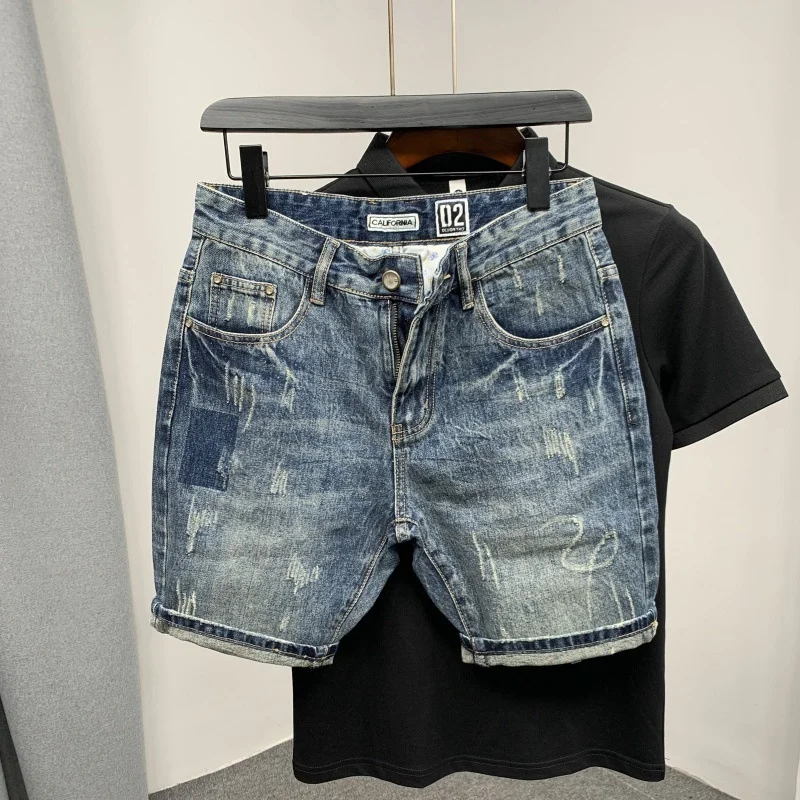 Summer Men's Scraped Worn Slim Fit Denim Shorts Fashion Personalized Wash Blue Jeans Short Pants