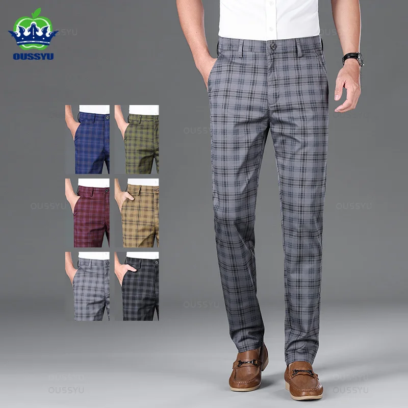 OUSSYU Brand Clothing High Quality Plaid Pants Men Classic Business Cotton Casual Full Length Formal Long Trousers Male 30-38