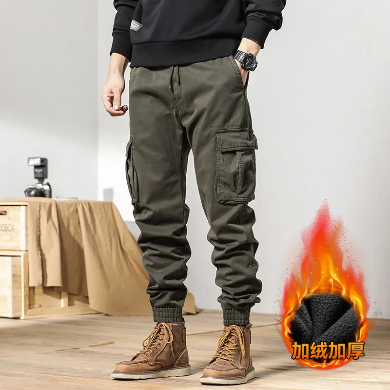 2024 Autumn/Winter Retro Casual Multi Pocket Cargo Warm Pants Wear Resistant Outdoor Thicken the Fleece Three Colors Available