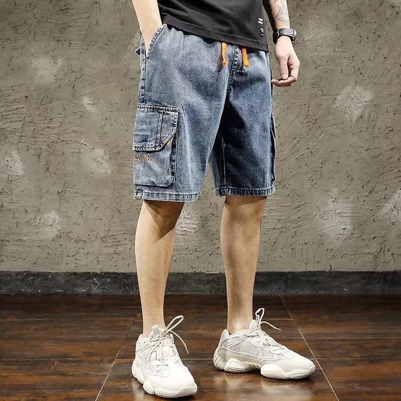 Summer Men's Straight Denim Shorts Casual Loose Drawstring Pocket Casual Straight Blue Shorts Jeans Male Fashion Pants