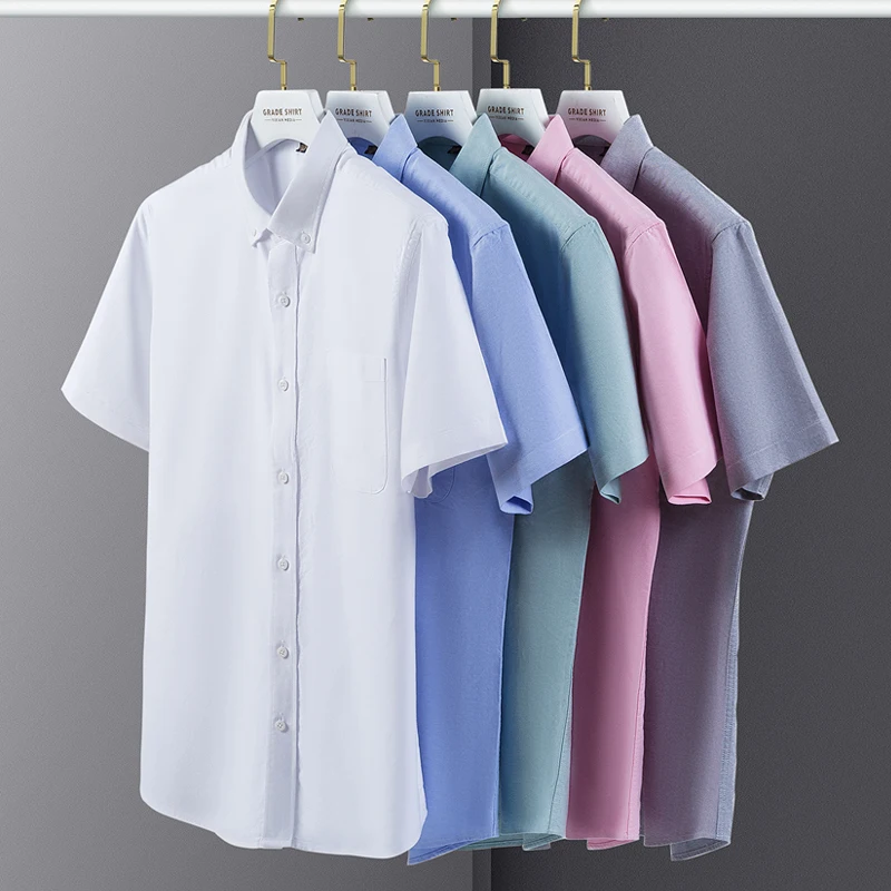 Summer High Quality 100% Cotton  Men Shirts Short Sleeve Dress Shirts Male Slim Social Business Blouse Solid Color Oxford Shirt