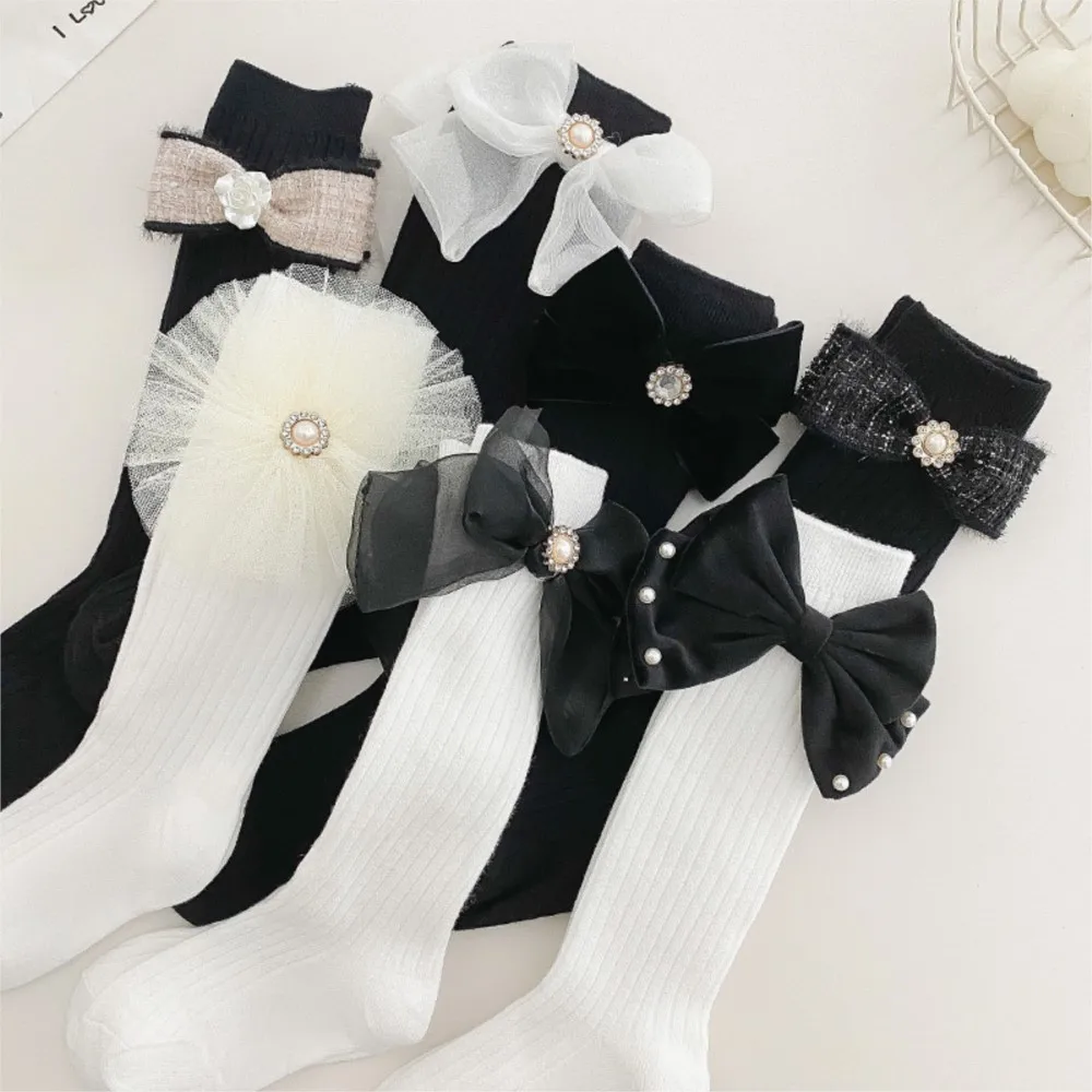 Girls socks pearl big bowknot sweet princess calf sock kids baby knee high stocking combed cotton sokken toddler infant