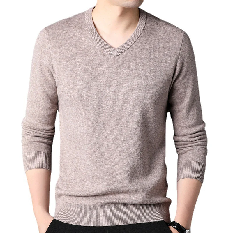 TFETTERS Spring Autumn Fashion Pullovers Men V Neck Long Sleeved Stretch Khaki Sweaters Men Business Classics Knit Top Men